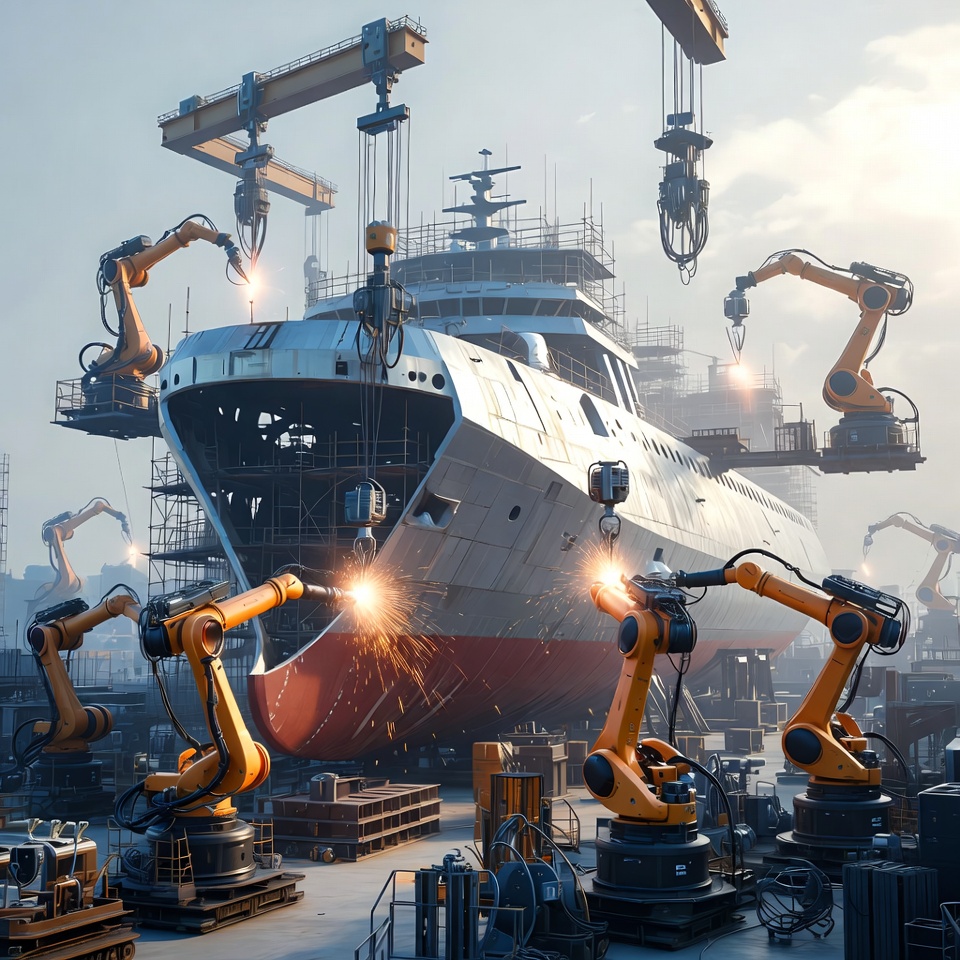 거대한 선박 건조 현장에서 여러 대의 협동로봇이 용접 작업을 수행하는 미래지향적 모습