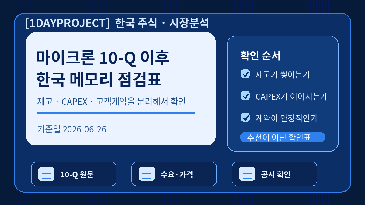 마이크론 10-Q 이후 한국 메모리 재고 CAPEX 고객계약 체크리스트
