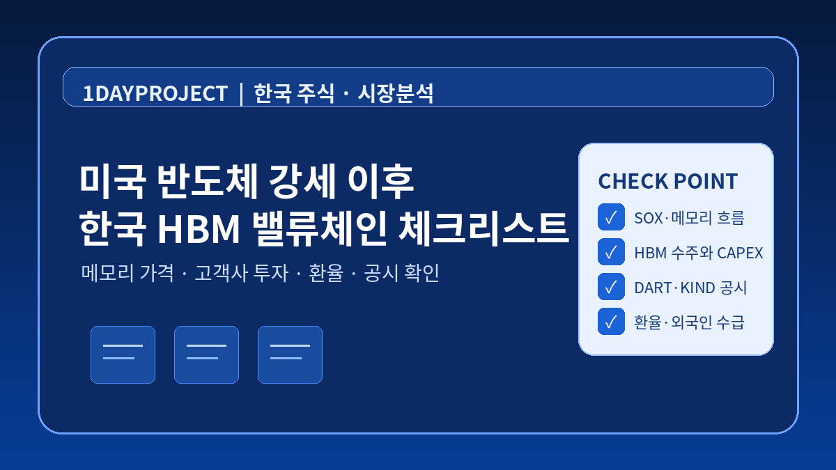 미국 반도체 강세 이후 한국 HBM 밸류체인에서 메모리 가격, 고객사 투자, 환율, 공시를 점검하는 체크리스트 이미지