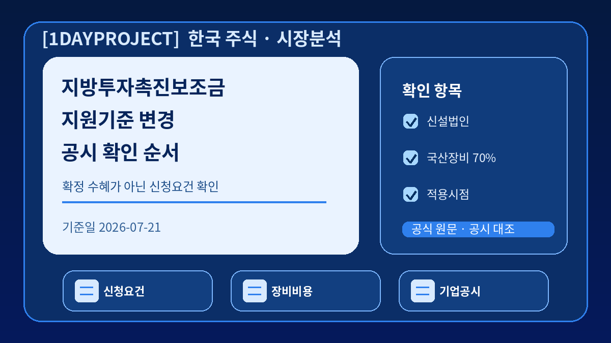 2026년 지방투자촉진보조금의 신설법인과 국산 장비 지원 기준을 정리한 체크리스트